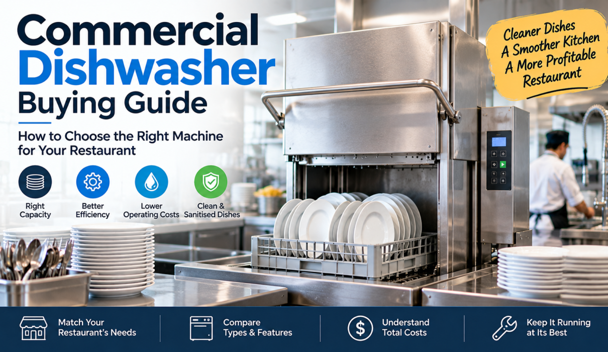 Commercial dishwasher operating in a restaurant kitchen