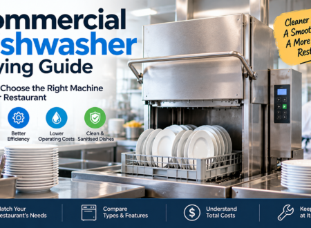 Commercial dishwasher operating in a restaurant kitchen