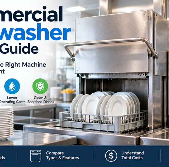 Commercial dishwasher operating in a restaurant kitchen