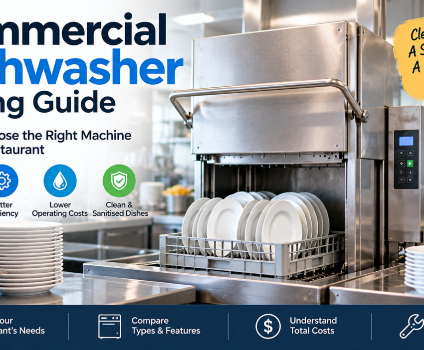 Commercial dishwasher operating in a restaurant kitchen